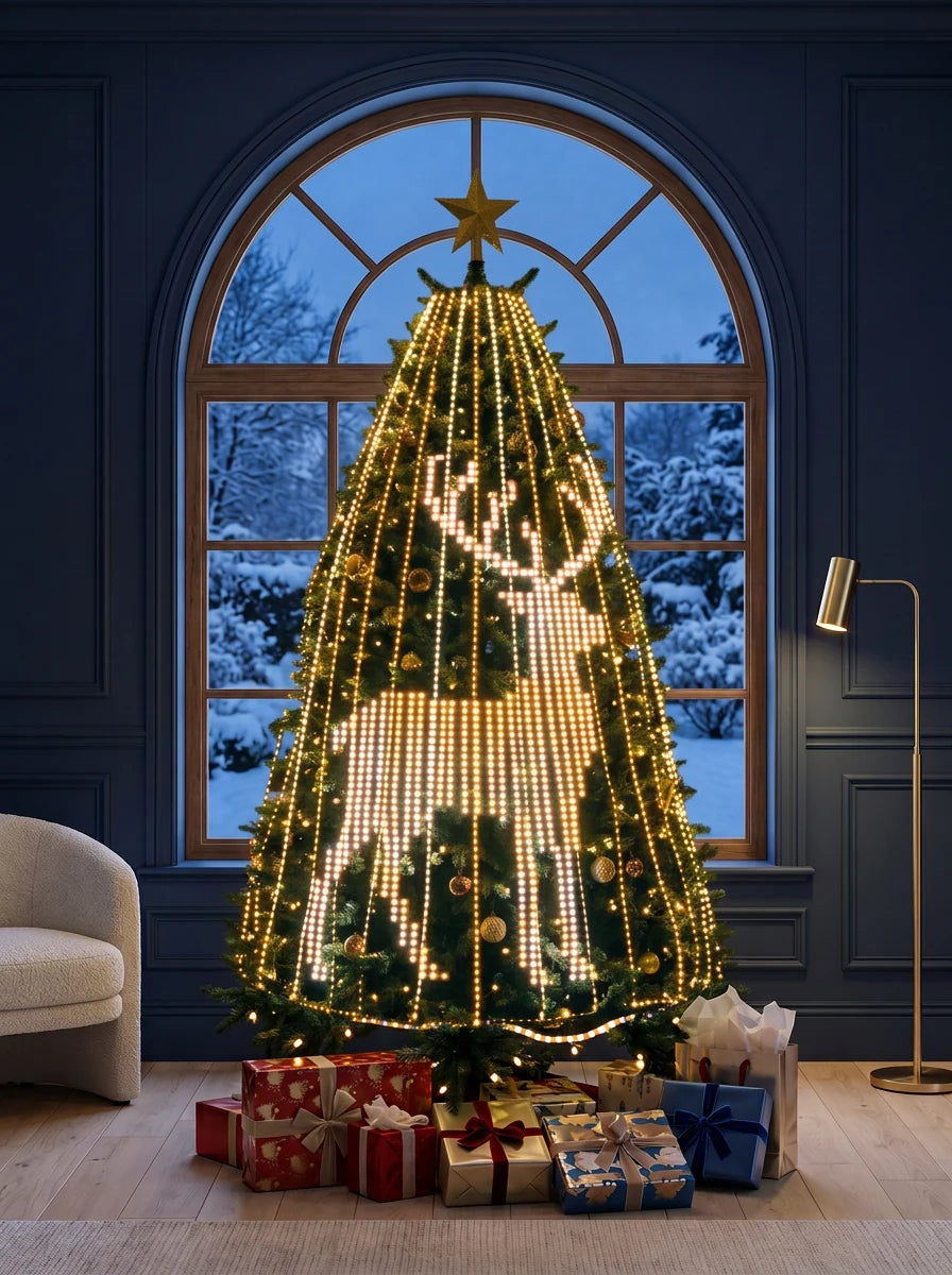 Reindeer light design illustrated on a Christmas tree