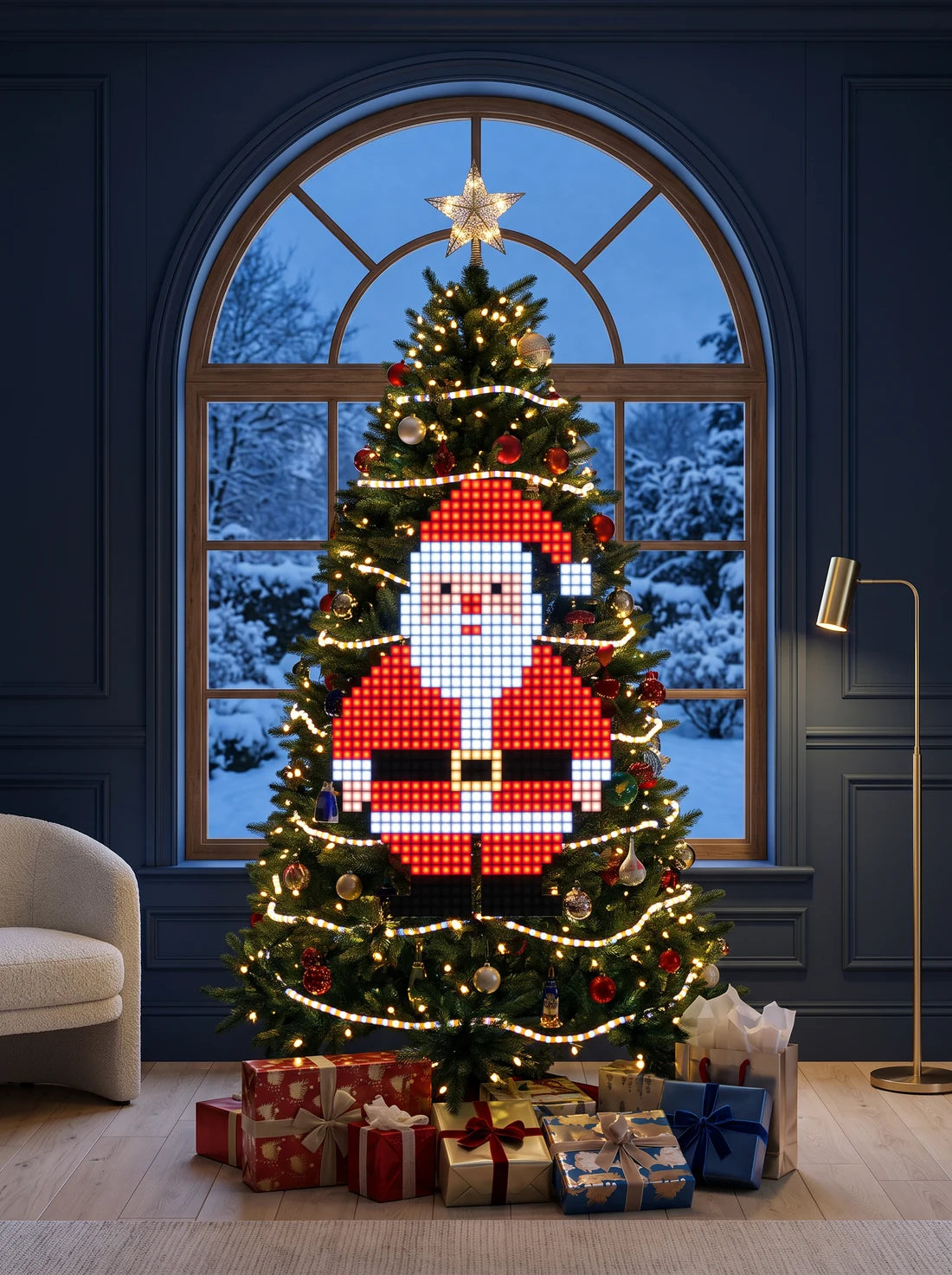 Santa Claus light design illustrated on a Christmas tree