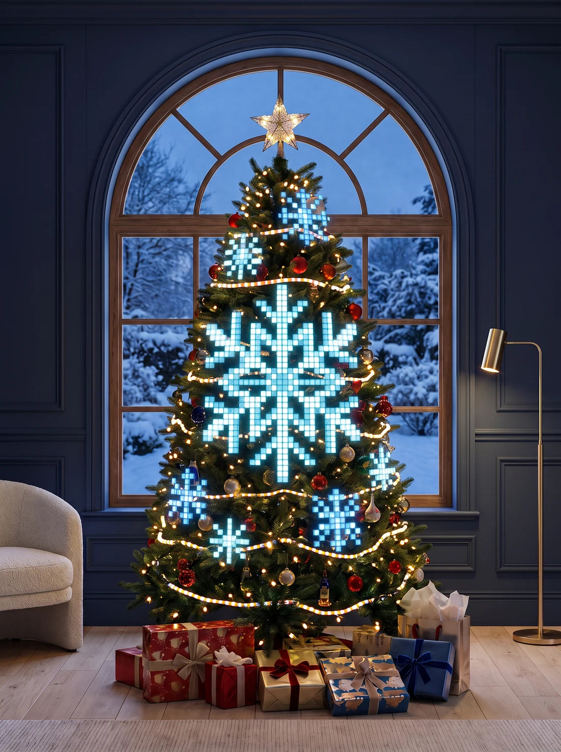 Snowflake light design illustrated on a Christmas tree