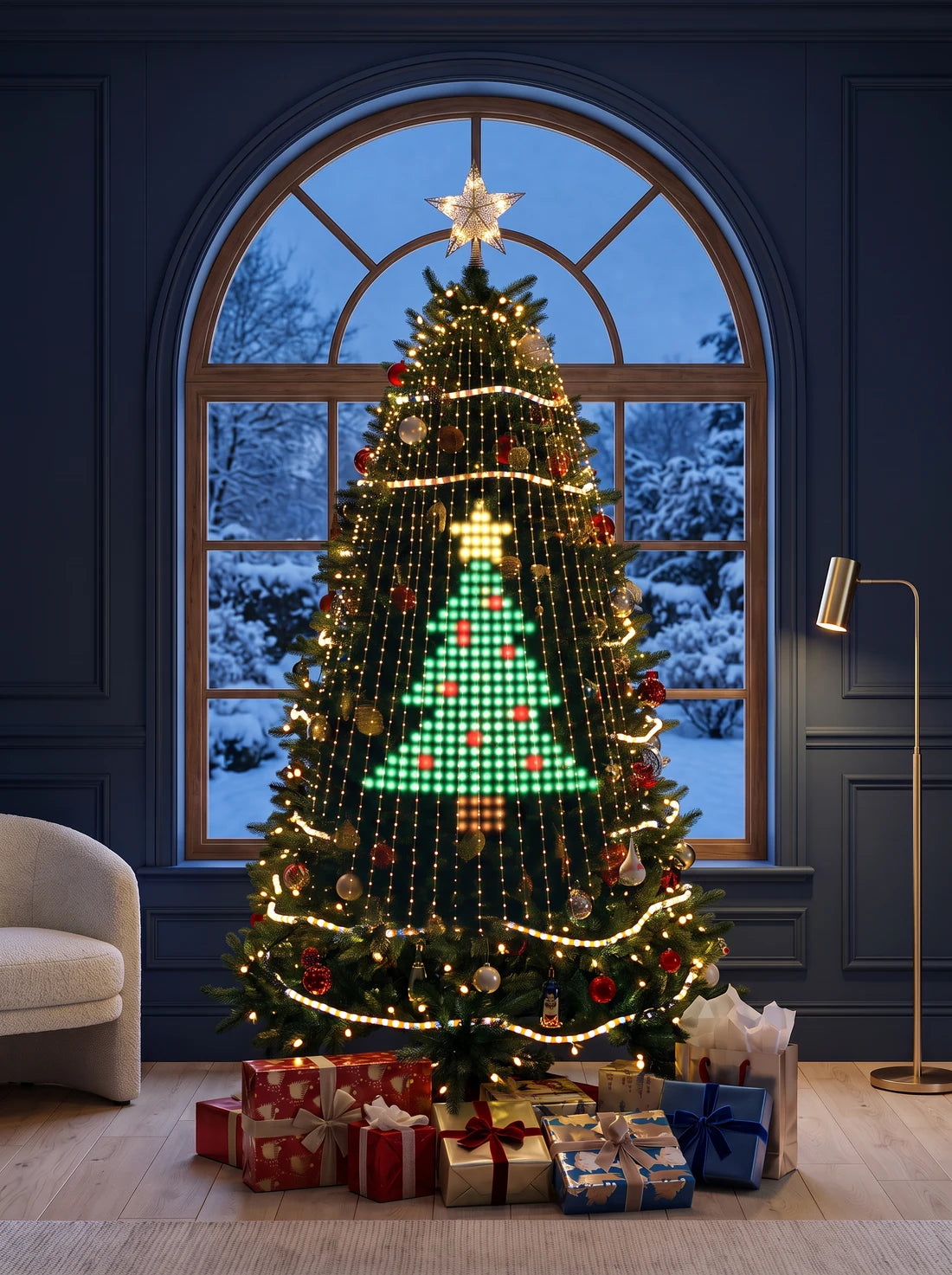 Christmas Tree light design illustrated on a Christmas tree
