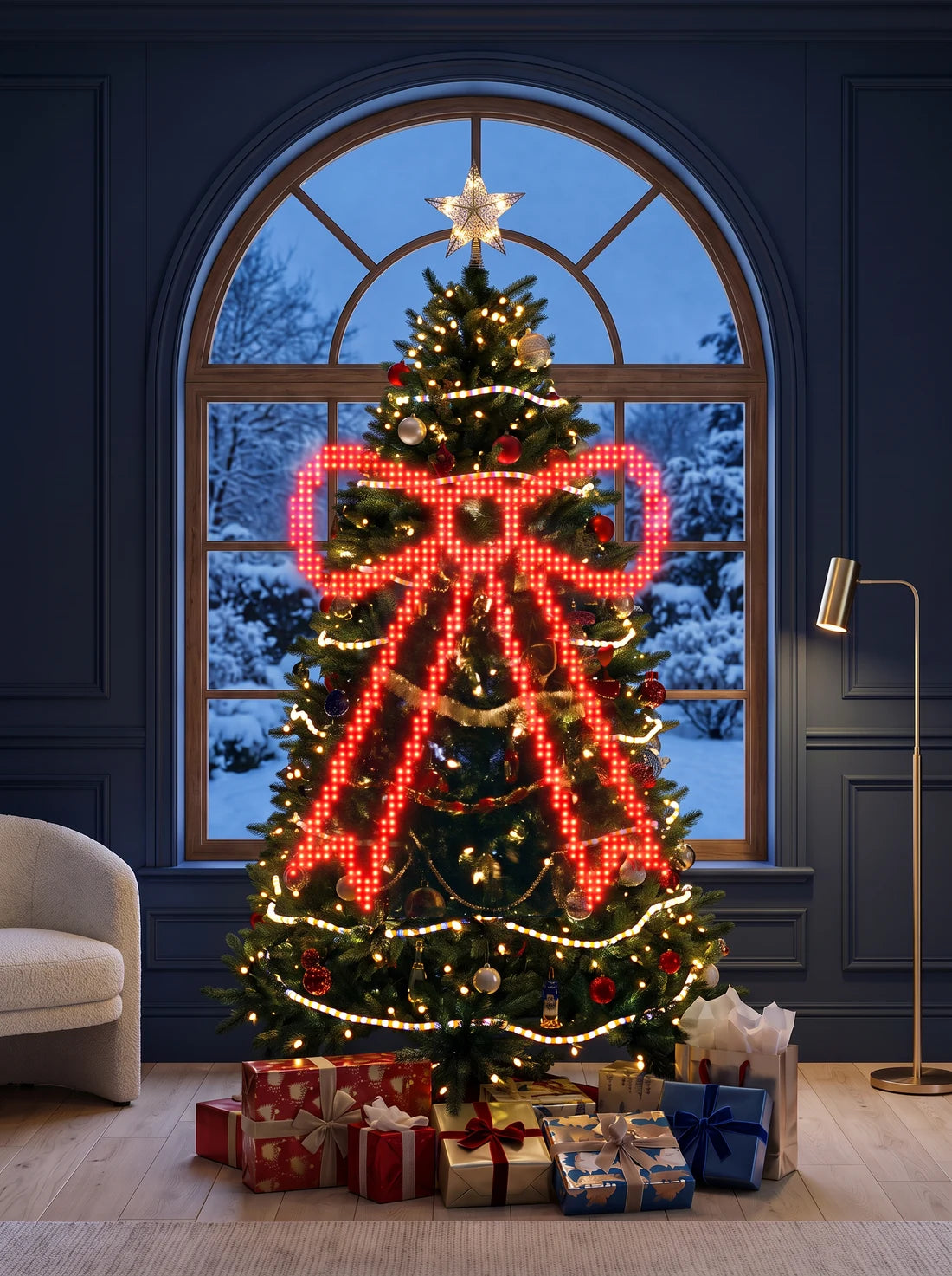 Bow light design illustrated on a Christmas tree