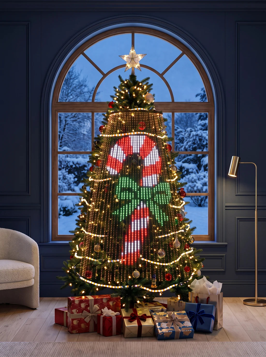 Candy Cane light design illustrated on a Christmas tree