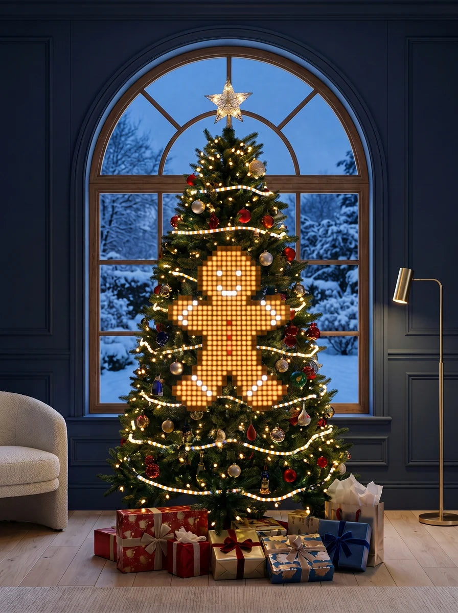 Gingerbread Man light design illustrated on a Christmas tree