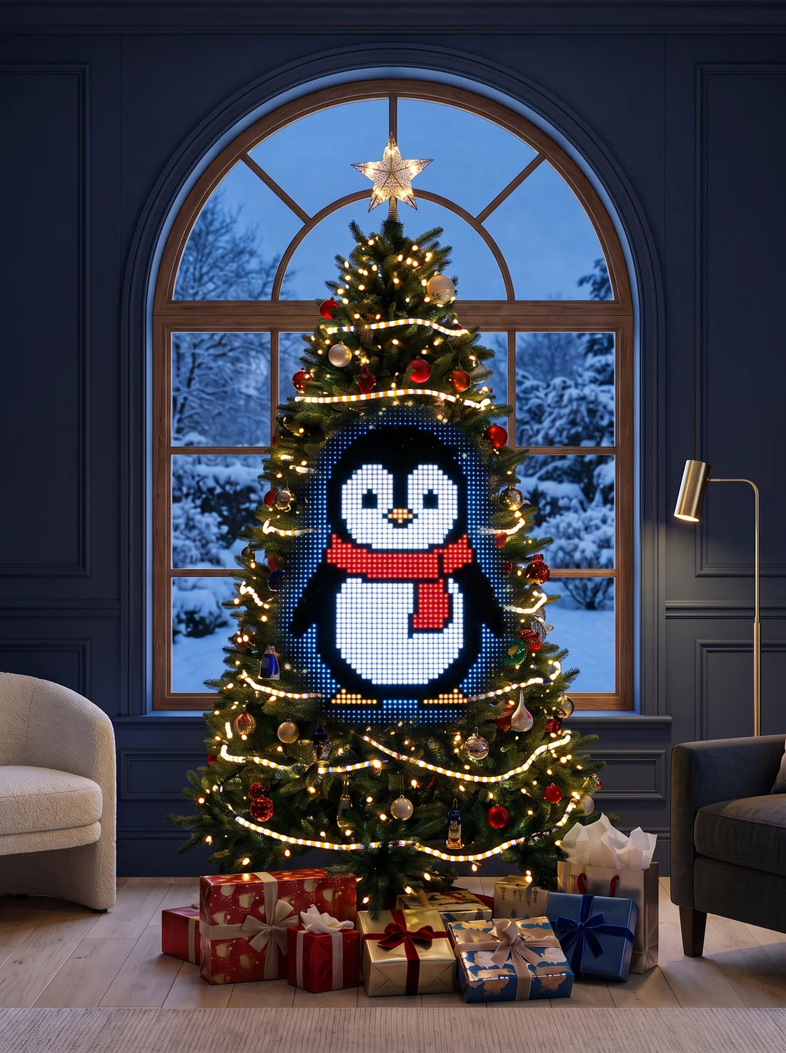 Penguin light design illustrated on a Christmas tree