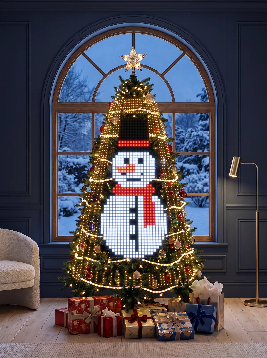 Snowman light design illustrated on a Christmas tree