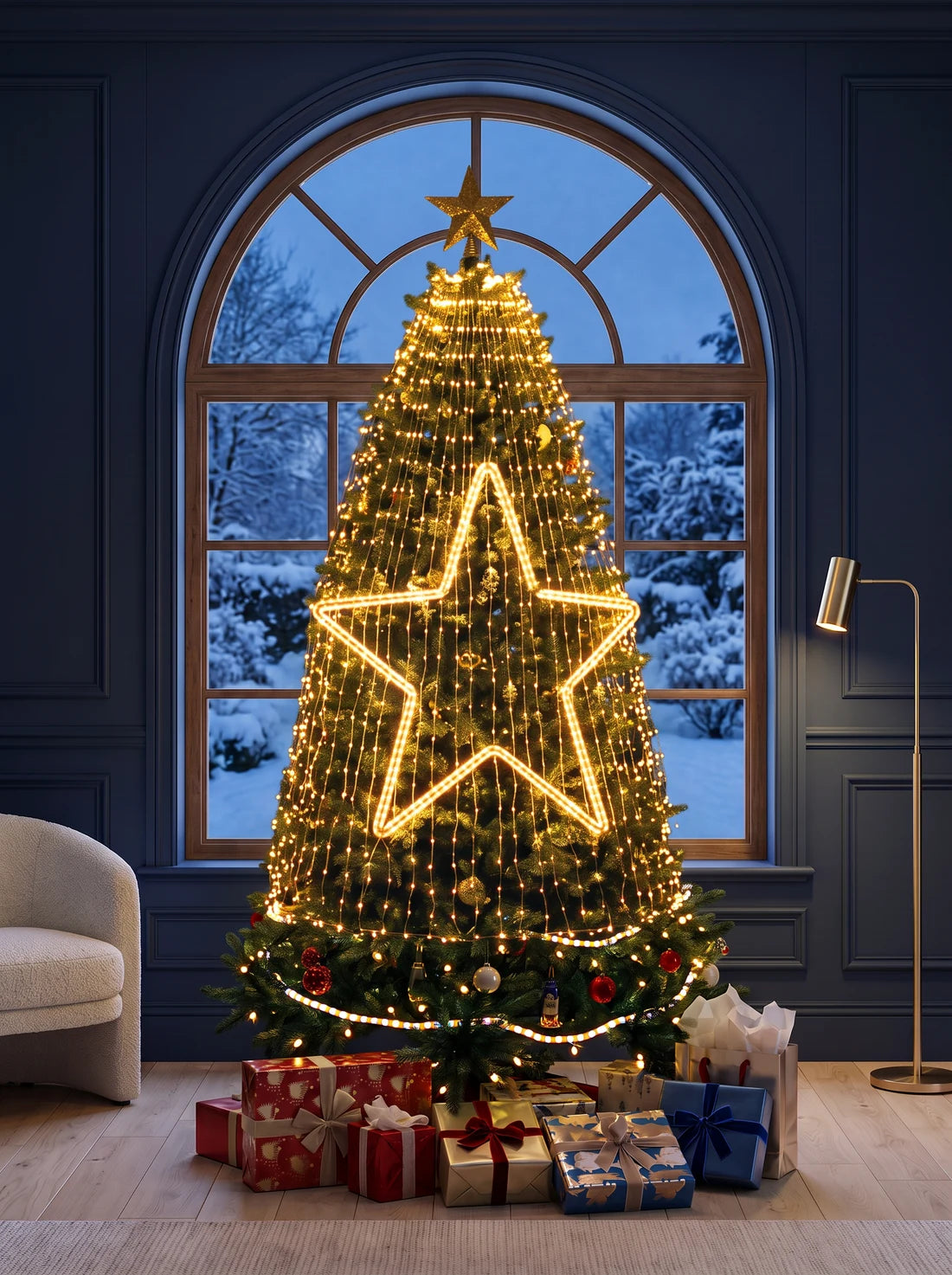 Star light design illustrated on a Christmas tree