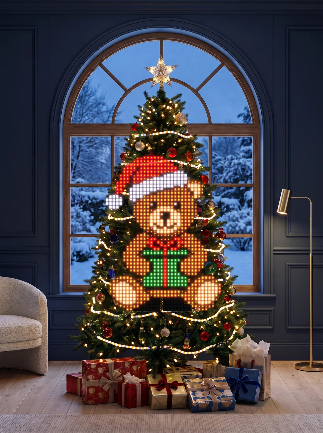 Teddy Bear light design illustrated on a Christmas tree