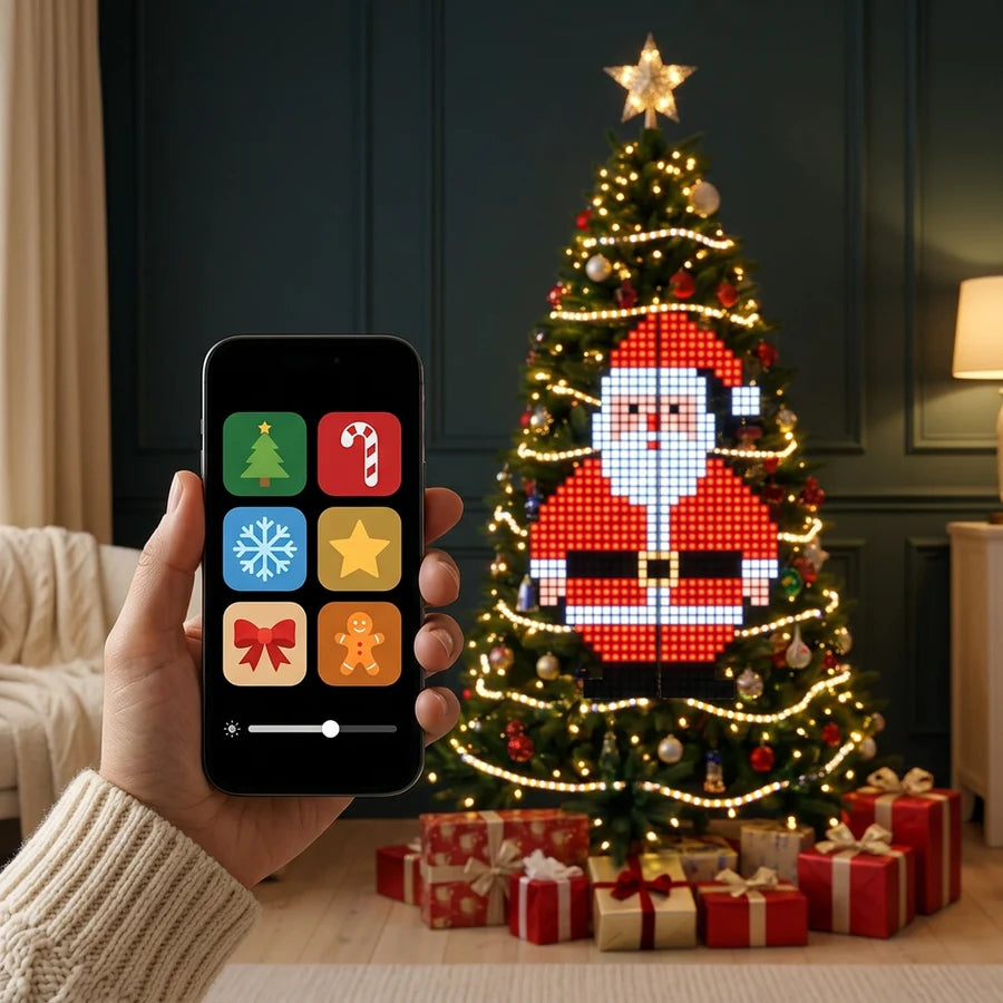 A phone with light controls in front of a Christmas tree displaying Santa