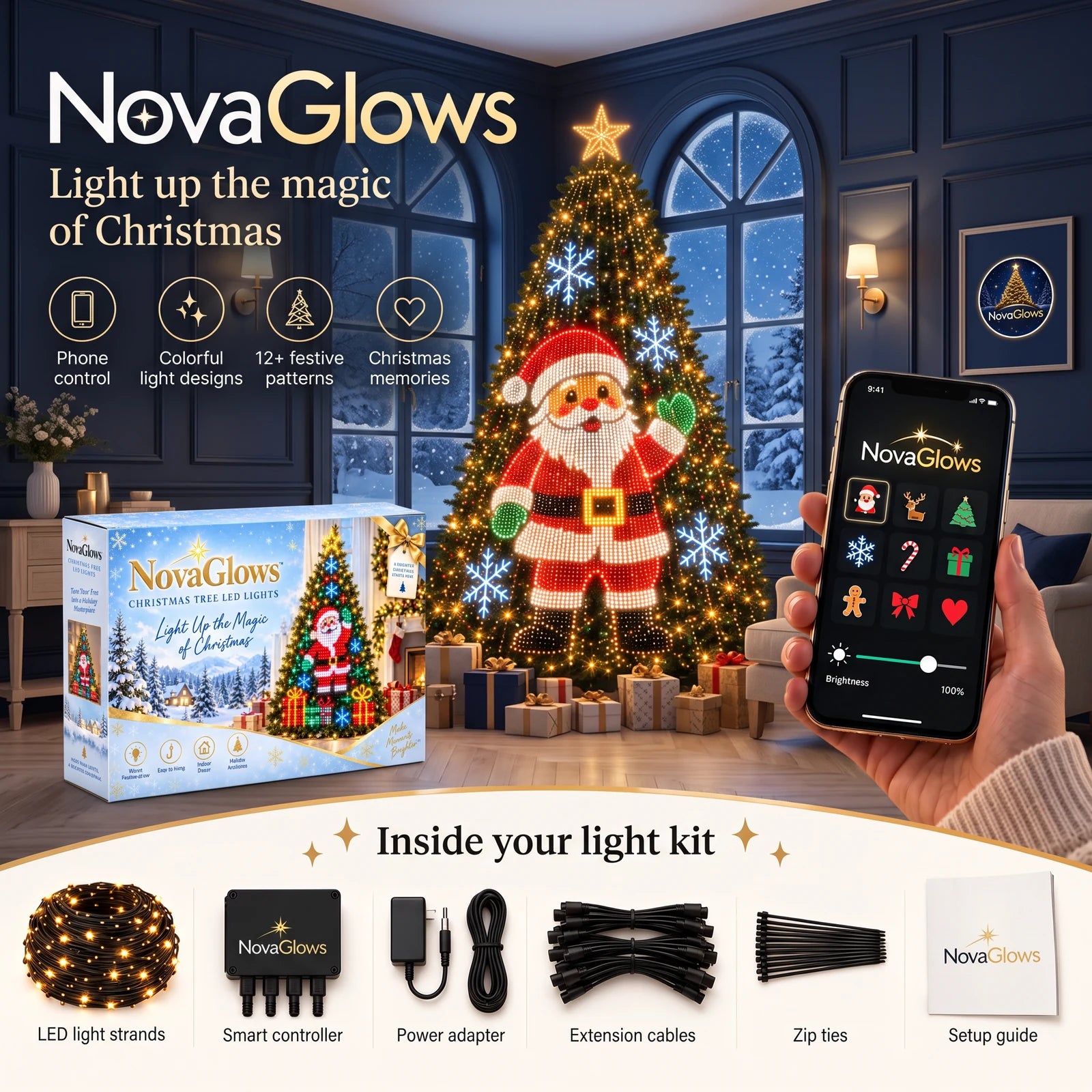 NovaGlows Christmas tree light kit with branded box, app control and included components