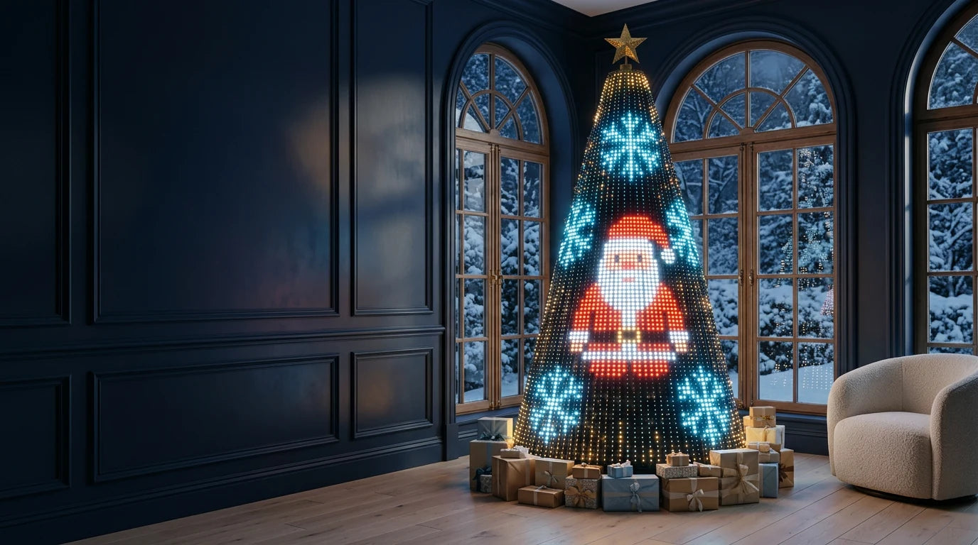 A Christmas tree glowing with Santa and snowflake lights in a cozy festive room